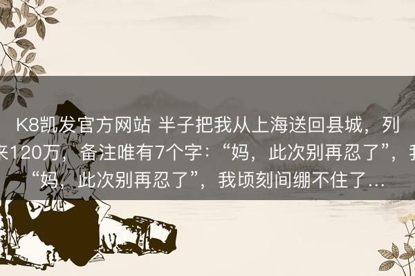 K8凯发官方网站 半子把我从上海送回县城,列车刚停稳,女儿转来120万,备注唯有7个字:“妈,此次别再忍了”,我顷刻间绷不住了…